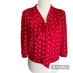 The Limited Red White Polka Dot Tie Neck Blouse 3/4 Sleeves XS